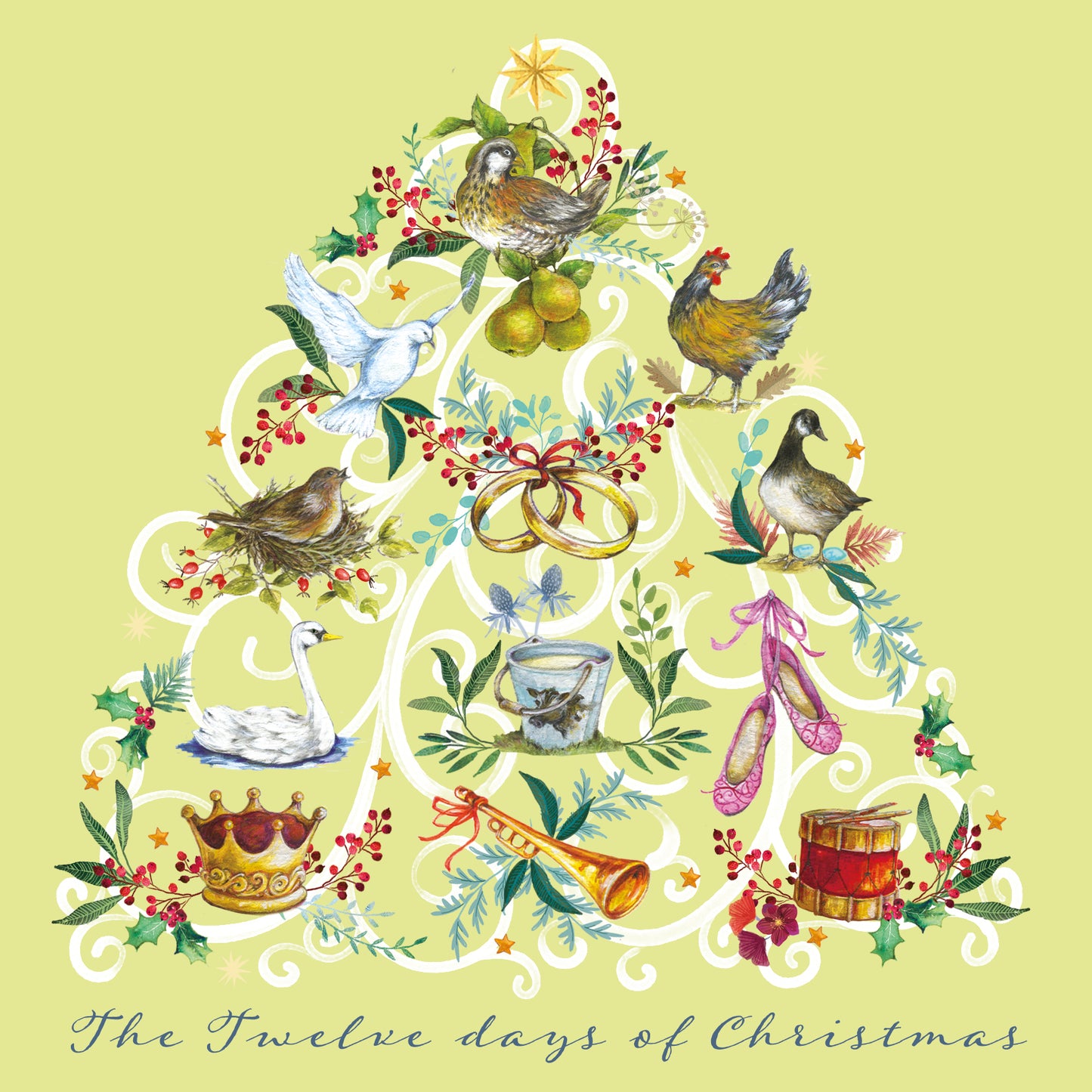 Decorative Christmas tree design with 'The Twelve Days of Christmas' text on a light green background.