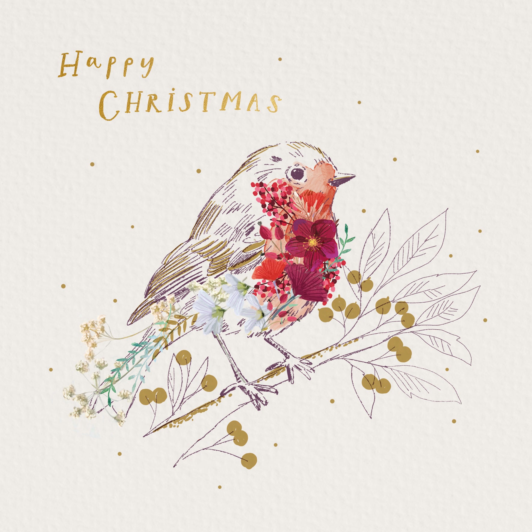 Christmas card with a robin holding berries on a branch, text 'Happy Christmas' on a light background.