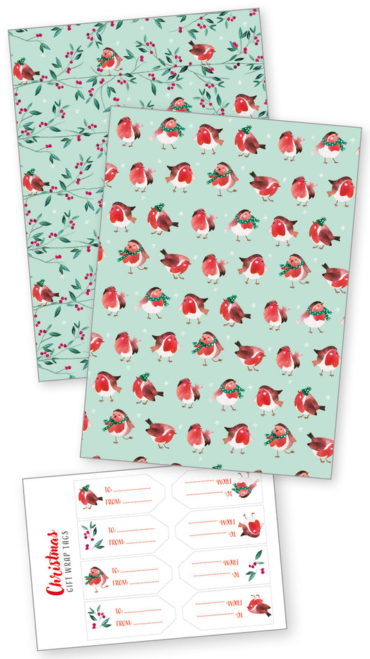 Two patterned paper sheets with red birds and berries on a light blue background, accompanied by a Christmas list template.