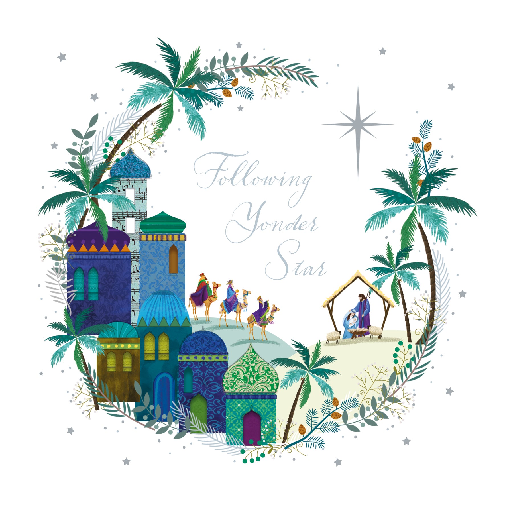 Illustration of a nativity scene with palm trees and a star, featuring the text 'Following Yonder Star'.