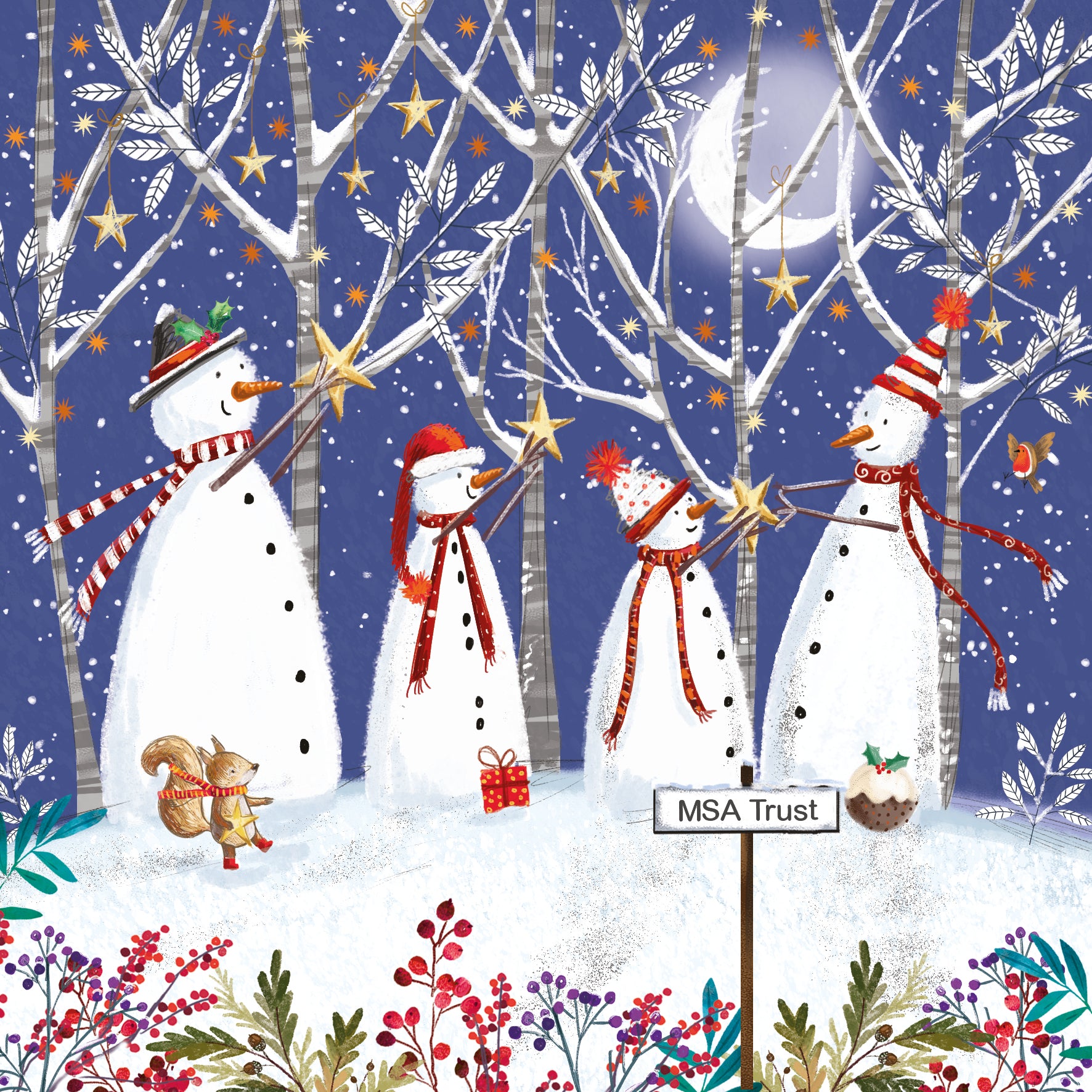 Four snowmen with scarves in a snowy landscape with trees and stars, featuring the MSA Trust logo.